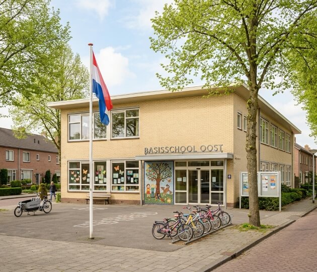Dutch primary school Basisschool Oost with Dutch flag, children's art in windows, mosaic entrance, and bicycles parked outside