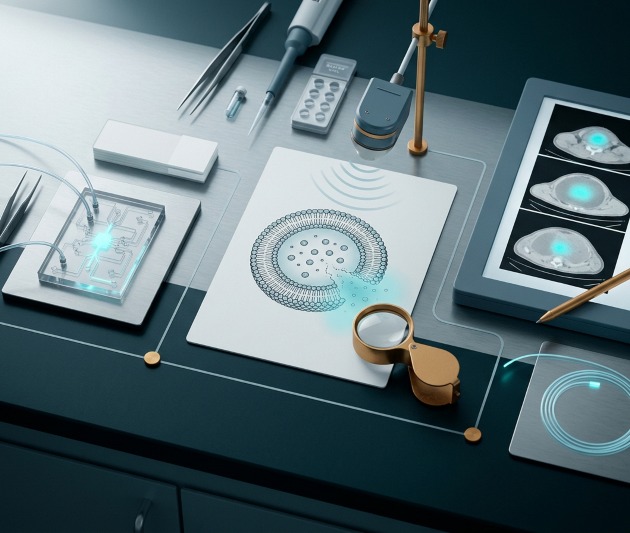 Lab bench flat lay with a liposome nanoparticle diagram, a glowing microfluidic chip, medical imaging scans, a loupe, pipette, tweezers, and precision instruments for drug delivery research.