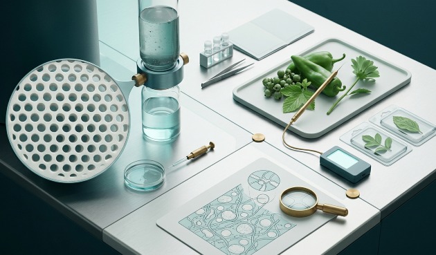 Lab bench with green peppers and herb samples on a tray, leaf specimens in clear cases, a cell structure diagram, a filtration disc, glassware, a petri dish, a sensor probe, and a magnifying glass.