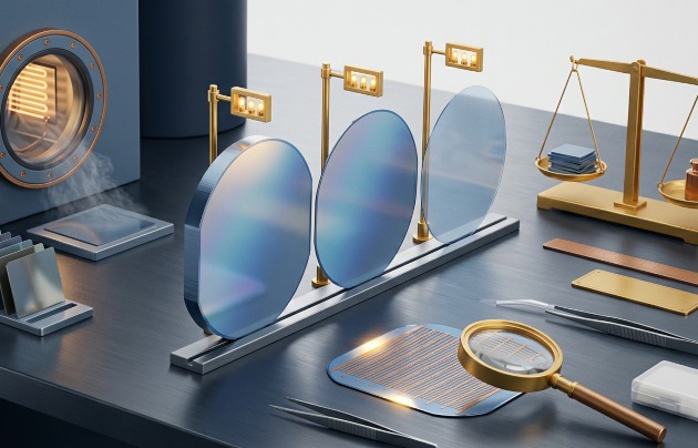 Lab bench with silicon wafers on a stand, a furnace porthole, a patterned die under a magnifying glass, a precision balance scale, tweezers, and substrate samples for semiconductor fabrication.