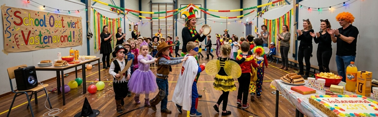 Children in costumes dancing at a Vastenavond carnival party in a decorated school gym with streamers and festive treats